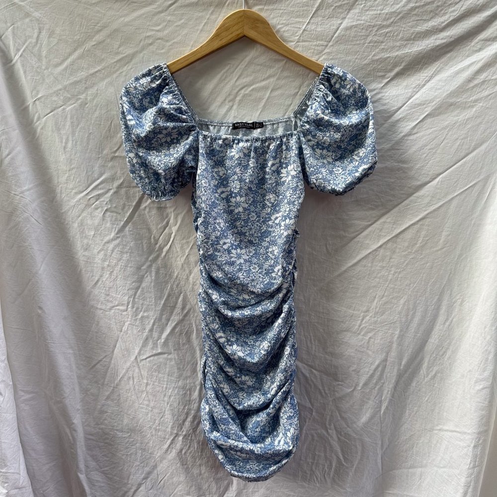 Nasty Gal Blue Floral Puff Sleeve Square Neckline Bodycon Mini Dress
